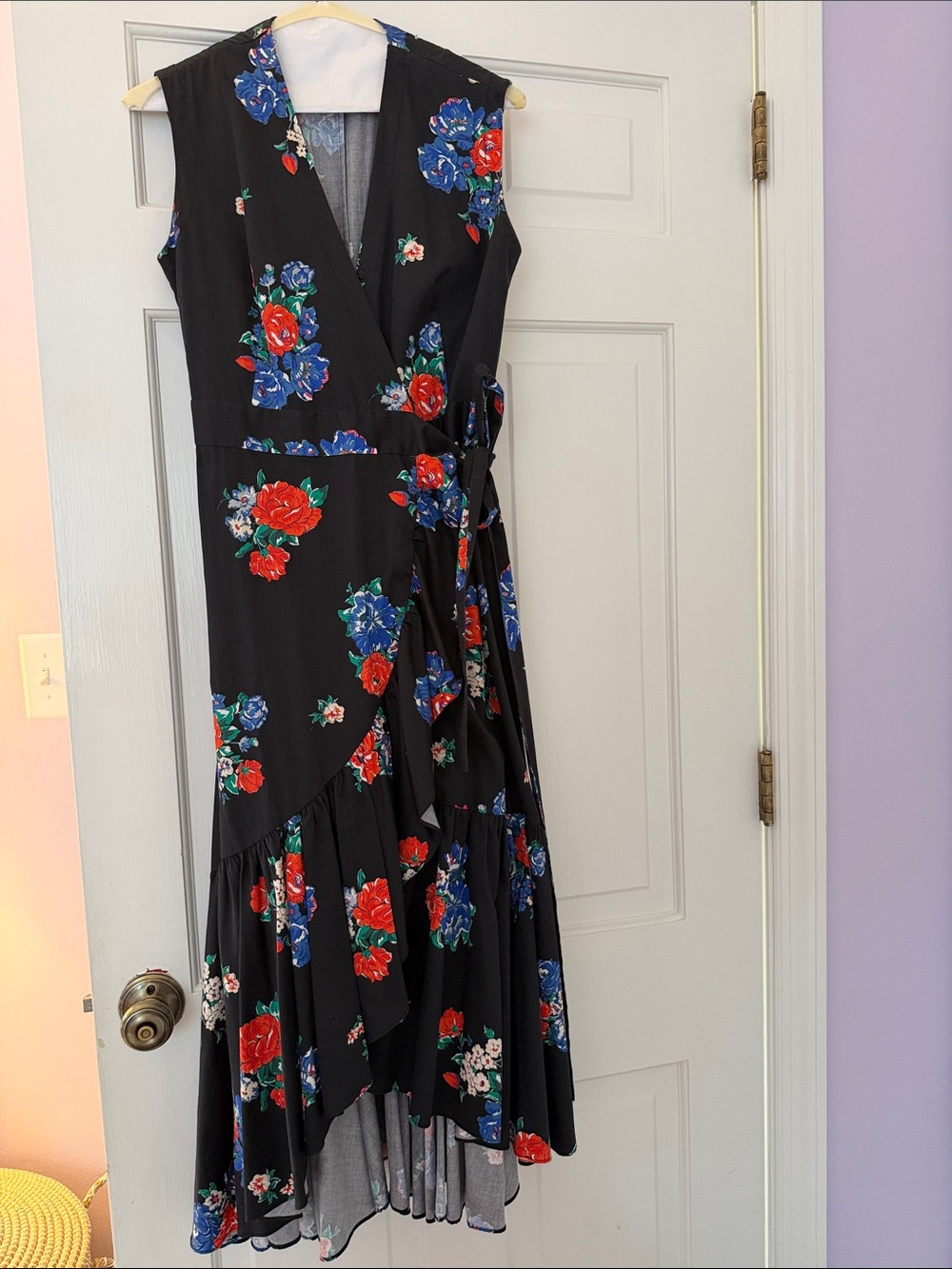 Tory Burch Black Asymmetrical Wrap Dress with Red & Blue Floral Print